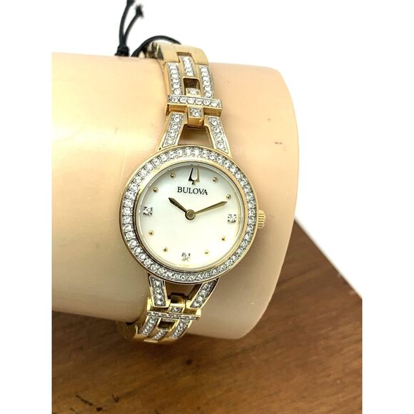 Bulova Women's Watch 98L325 Mother of Pearl Dial Gemmed Gold Steel 25mm - Picture 11 of 14